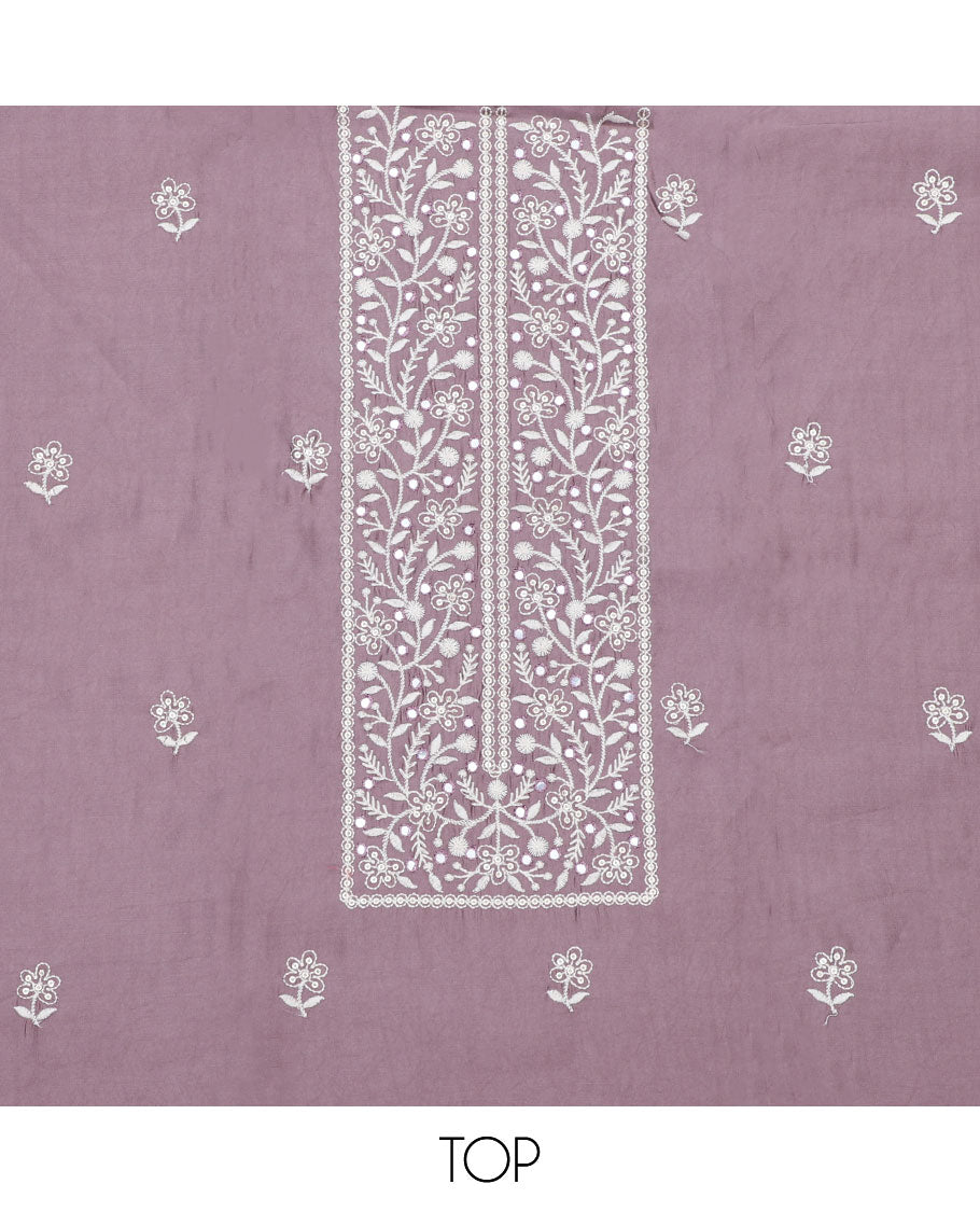 Purple chudidar material set, floral embroidered top, plain bottom & floral thread embroidered dupatta