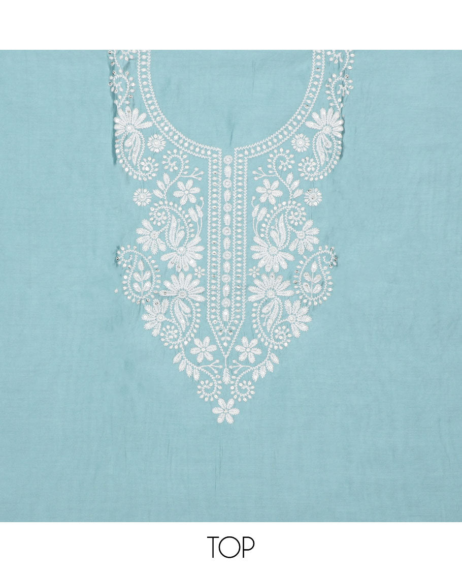 Blue chudidar material set, floral embroidered top, plain bottom & paisleys thread embroidered dupatta