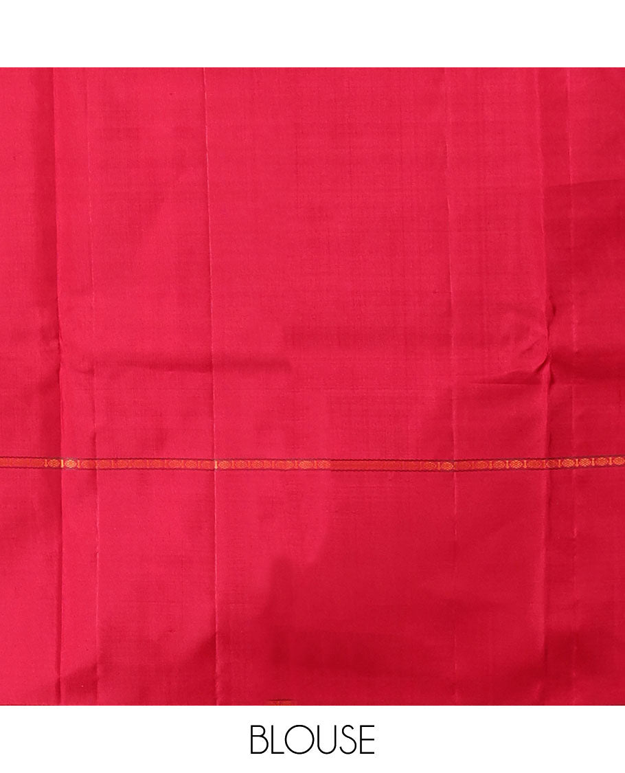 Red striped silk saree with neli & muthu stripes, rettai pettu poun border & pallu of thilakam mokku & jaal designs