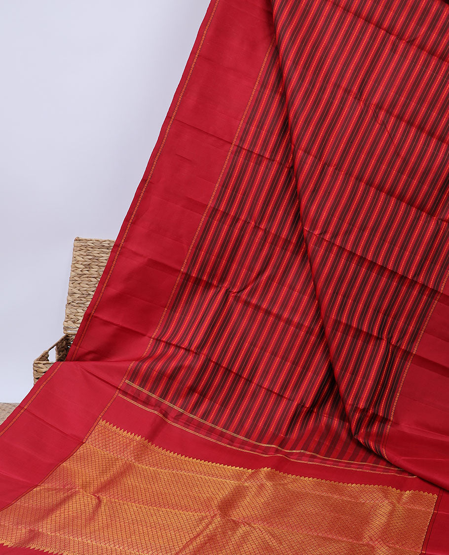 Red striped silk saree with neli & muthu stripes, rettai pettu poun border & pallu of thilakam mokku & jaal designs