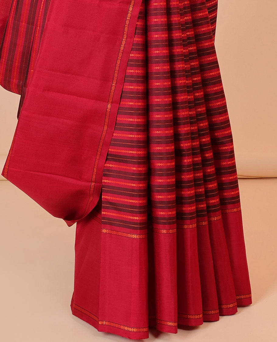 Red striped silk saree with neli & muthu stripes, rettai pettu poun border & pallu of thilakam mokku & jaal designs