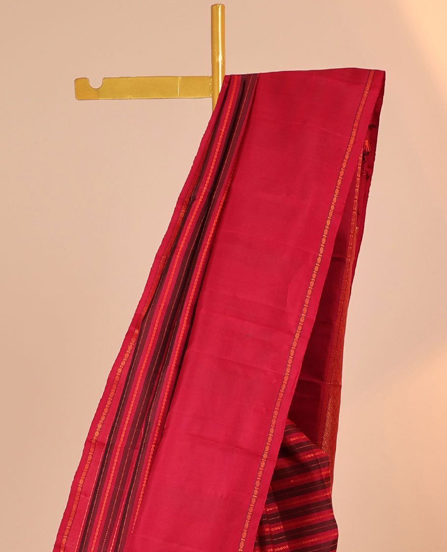 Red striped silk saree with neli & muthu stripes, rettai pettu poun border & pallu of thilakam mokku & jaal designs