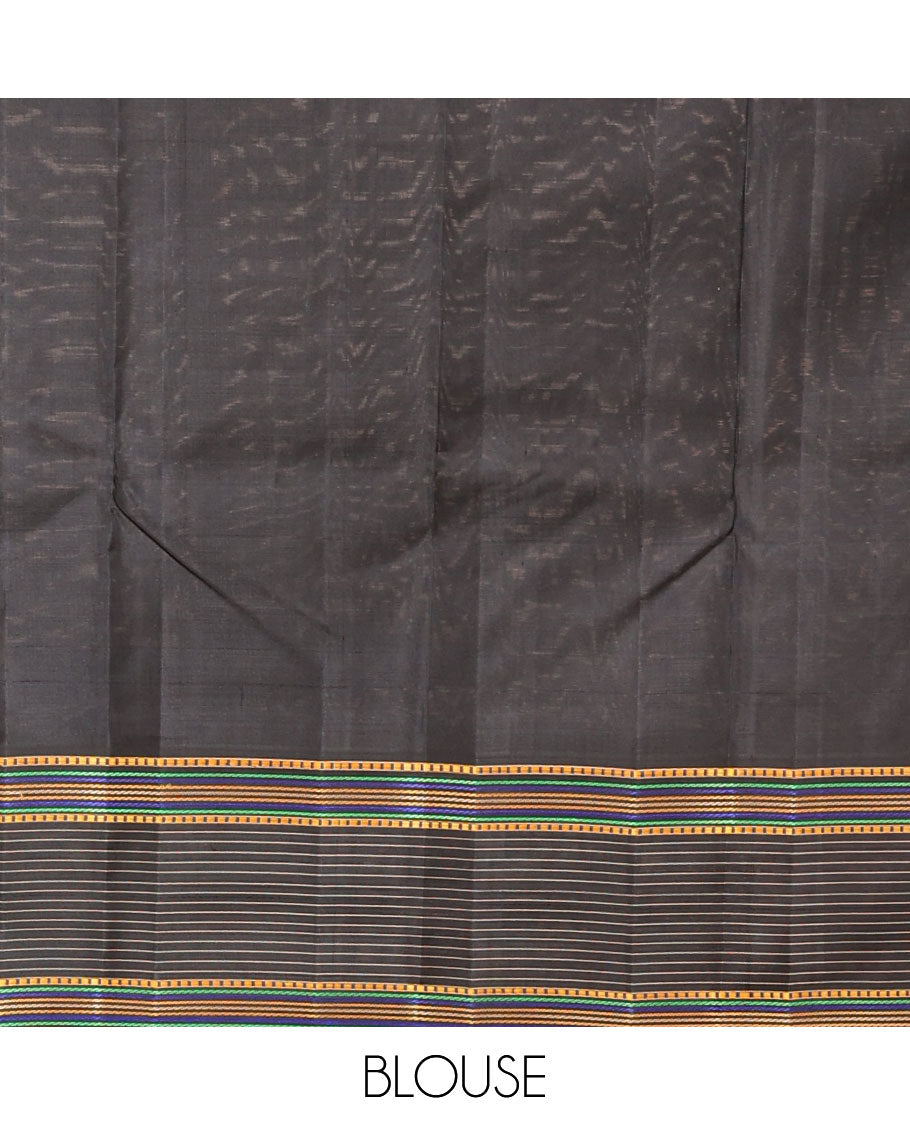 Green malli mokku buttas kancheepuram silksaree, contrast geometric patterns thread border & pallu of stripes & vidarbha