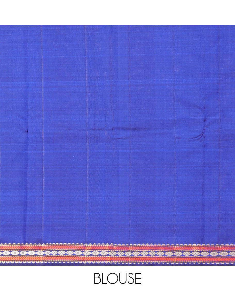 Blue malli mokku buttas kancheepuram silksaree, self-border of rekku,muthu,kathir & rudraksham & pallu of seppu rekku