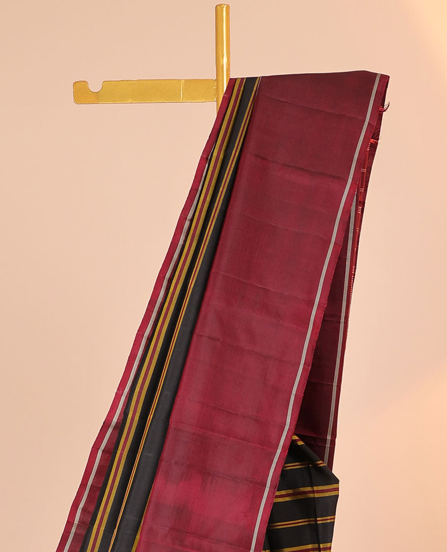 Black striped kancheepuram silksaree, contrast rettai pettu border & pallu of zari designs