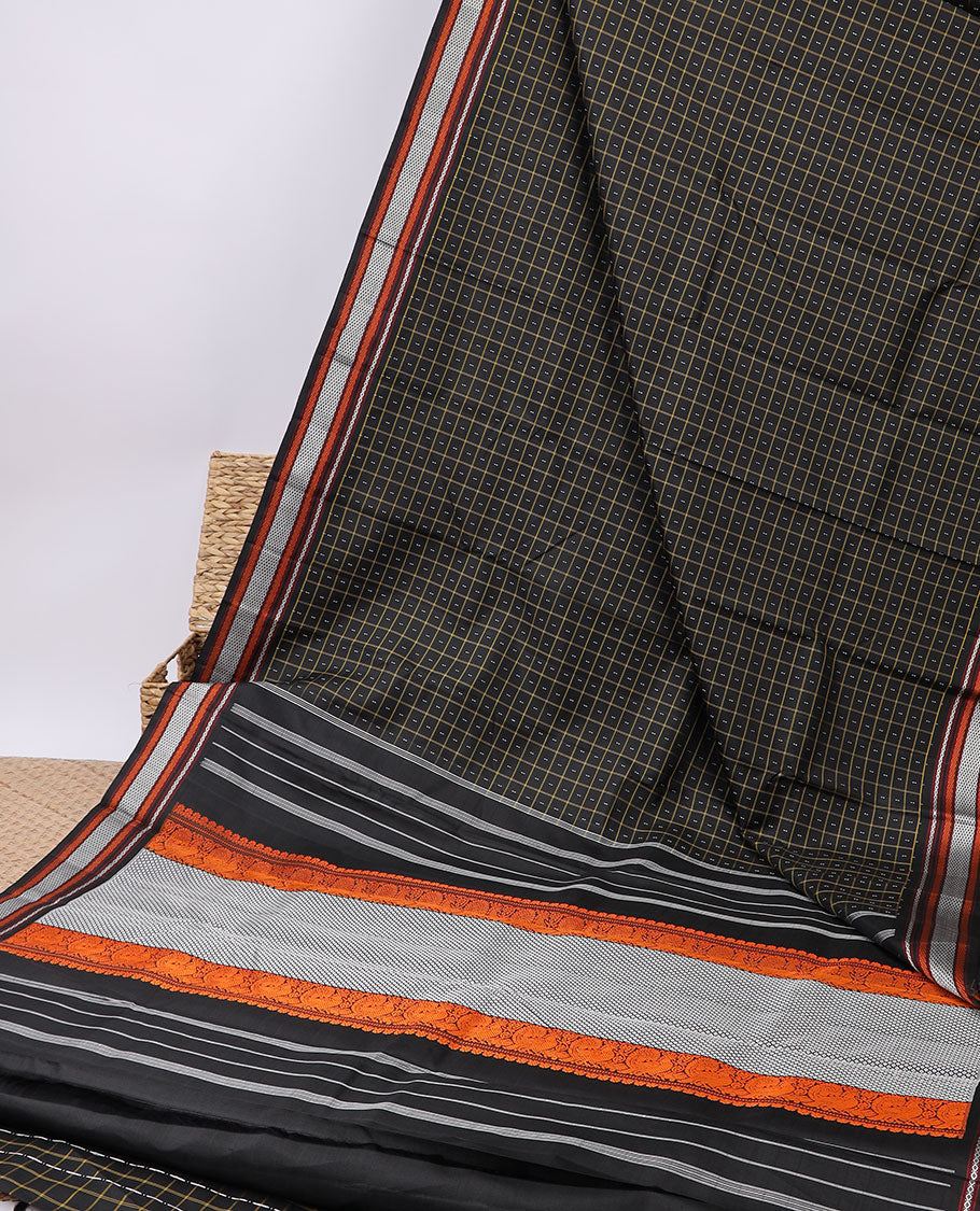 Black checked kancheepuram silksaree with buttas,self-border of neli,vanki & mayil kann & pallu of mayil & mayil kann