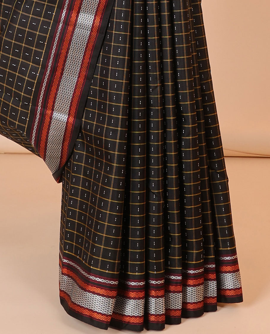 Black checked kancheepuram silksaree with buttas,self-border of neli,vanki & mayil kann & pallu of mayil & mayil kann