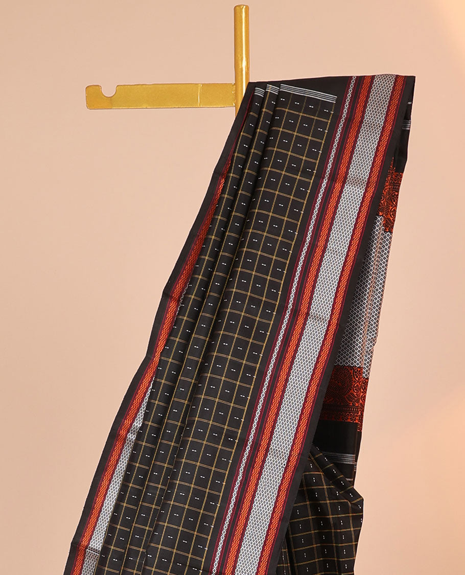 Black checked kancheepuram silksaree with buttas,self-border of neli,vanki & mayil kann & pallu of mayil & mayil kann