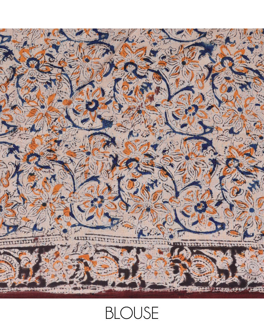 Brown floral vine machine-printed kalamkari cotton saree, floral creeper border & pallu of intricate print