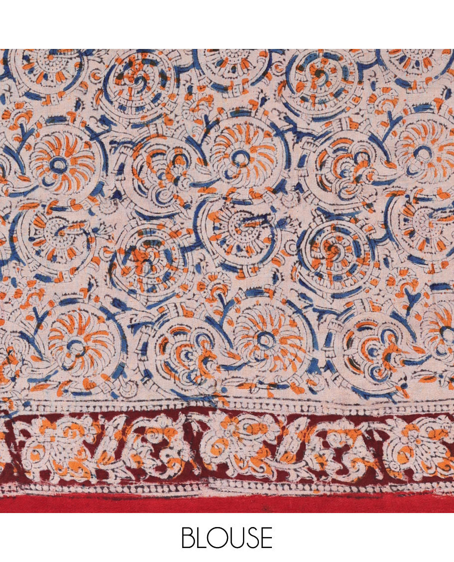 Red floral vine machine-printed kalamkari cotton saree,floral creeper border & pallu of floral,elephant & paisley print