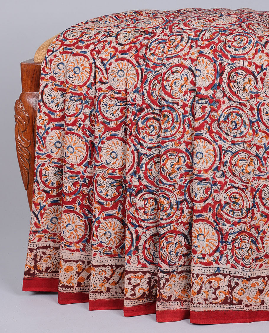 Red floral vine machine-printed kalamkari cotton saree,floral creeper border & pallu of floral,elephant & paisley print