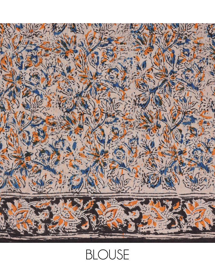 Black floral vine machine-printed kalamkari cotton saree, floral creeper border & pallu of floral print