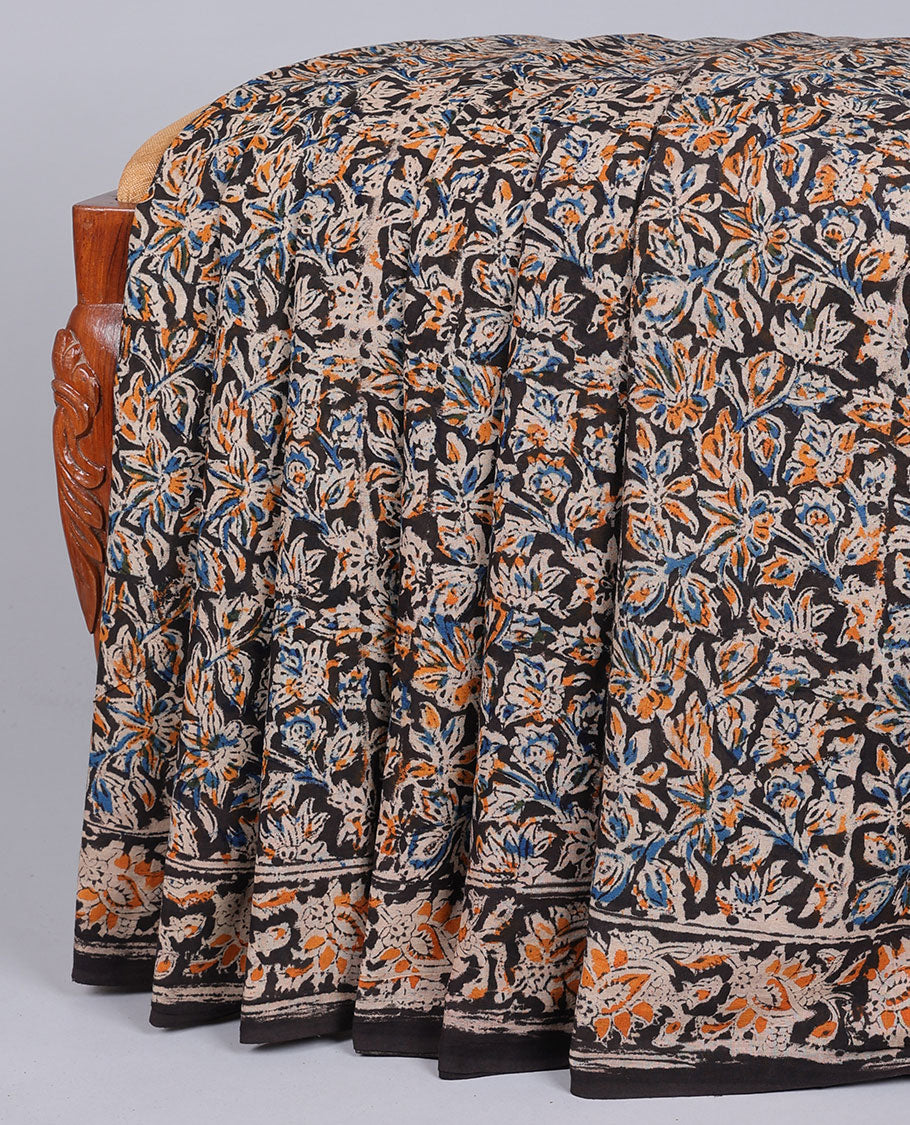 Black floral vine machine-printed kalamkari cotton saree, floral creeper border & pallu of floral print