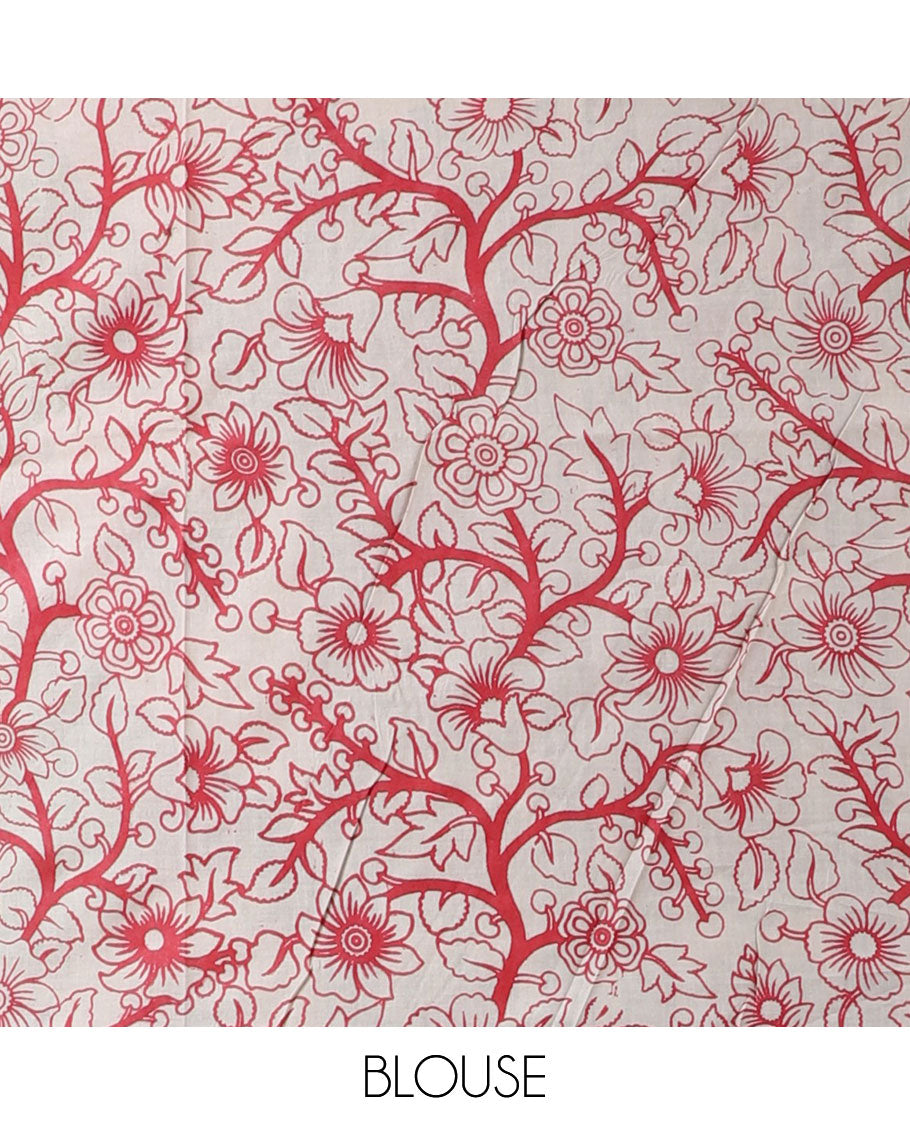 Off-white animal & human-machine printed kalamkari cotton saree, floral creeper border & floral & human motif pallu