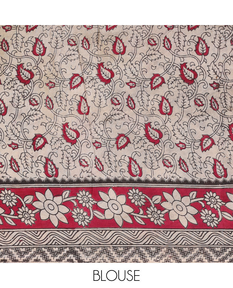 Black floral vine machine-printed kalamkari cotton saree, contrast floral & chevron border & pallu of floral & paisleys