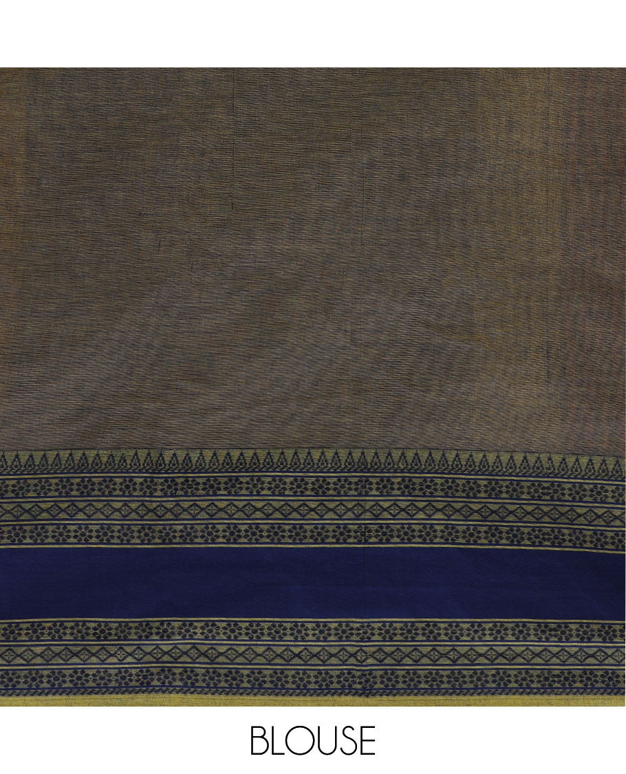 Yellow plain design khadi cotton saree, contrast traditional design border & pallu of stripes