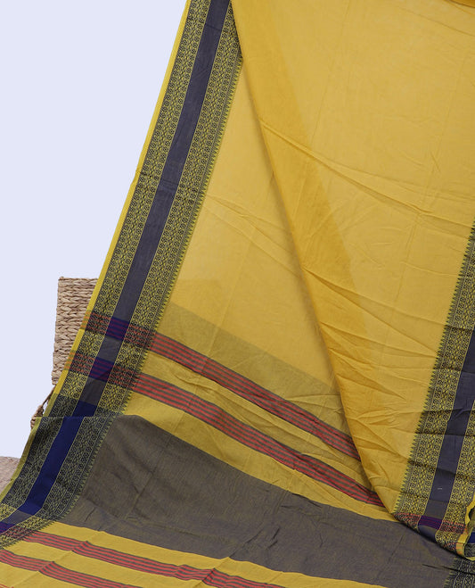 Yellow plain design khadi cotton saree, contrast traditional design border & pallu of stripes