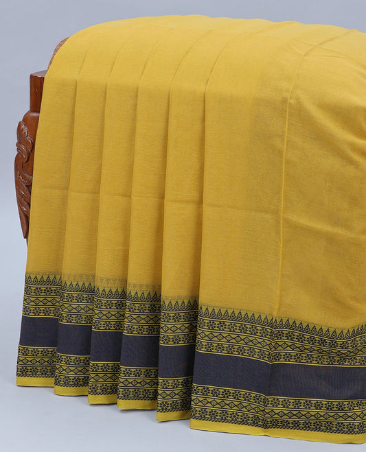 Yellow plain design khadi cotton saree, contrast traditional design border & pallu of stripes