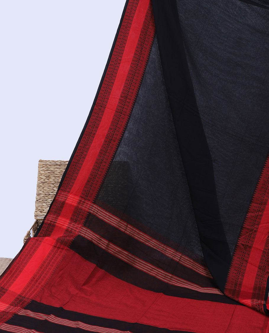 Yellow plain design khadi cotton saree, contrast traditional design border & pallu of stripes
