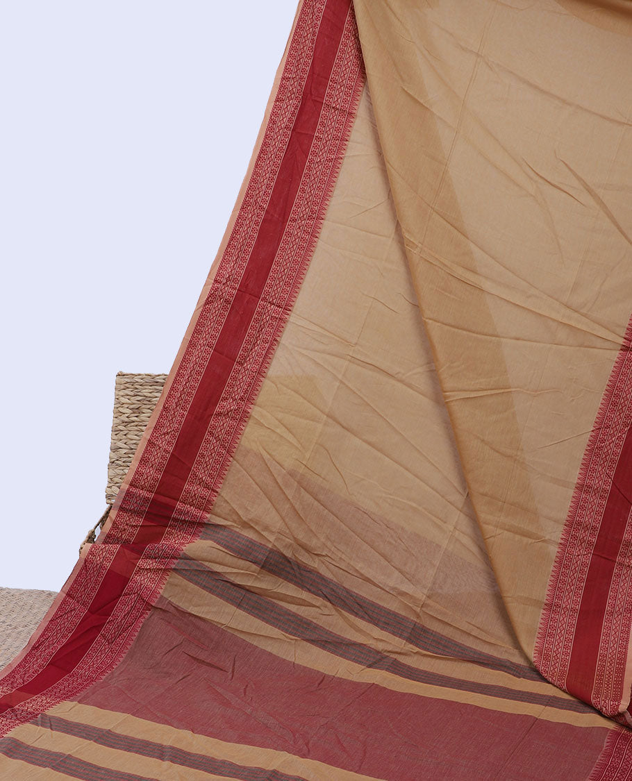 Yellow plain design khadi cotton saree, contrast traditional design border & pallu of stripes