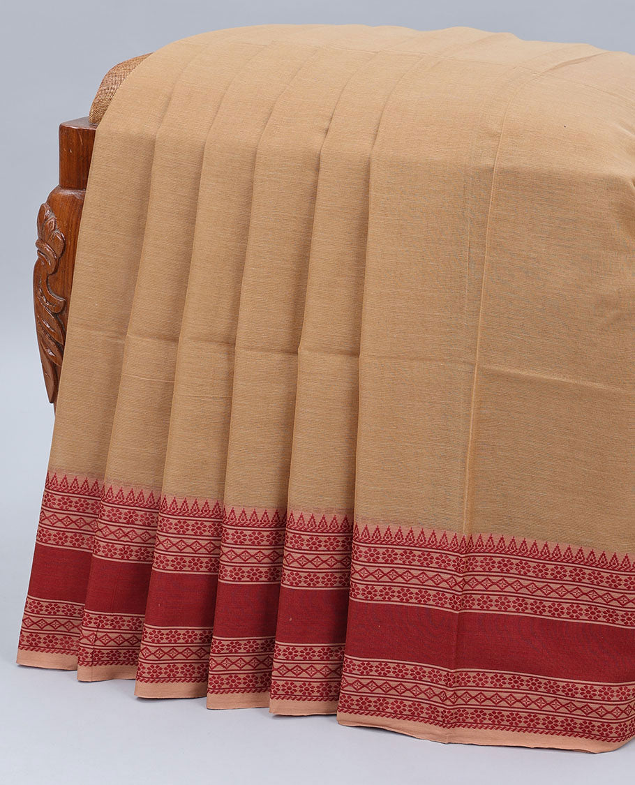 Yellow plain design khadi cotton saree, contrast traditional design border & pallu of stripes