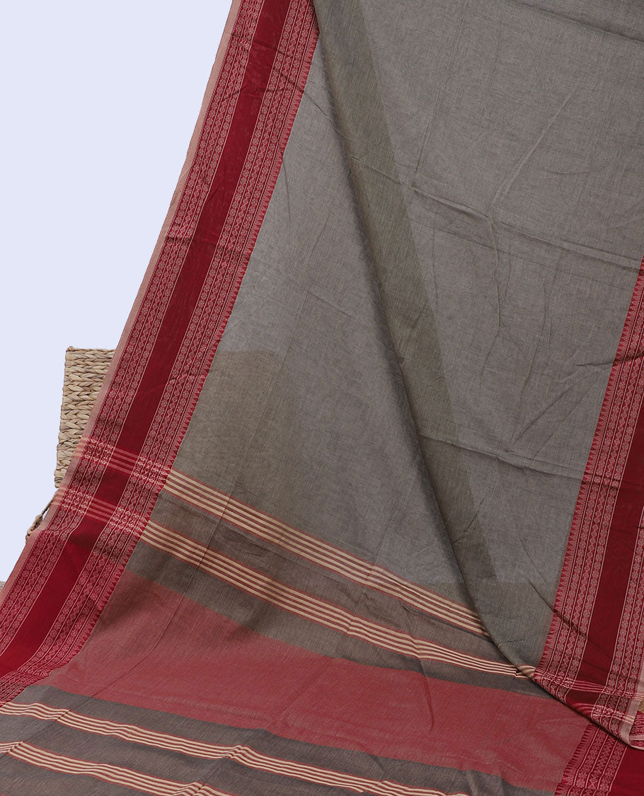 Yellow plain design khadi cotton saree, contrast traditional design border & pallu of stripes