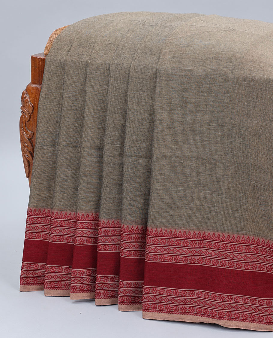 Yellow plain design khadi cotton saree, contrast traditional design border & pallu of stripes