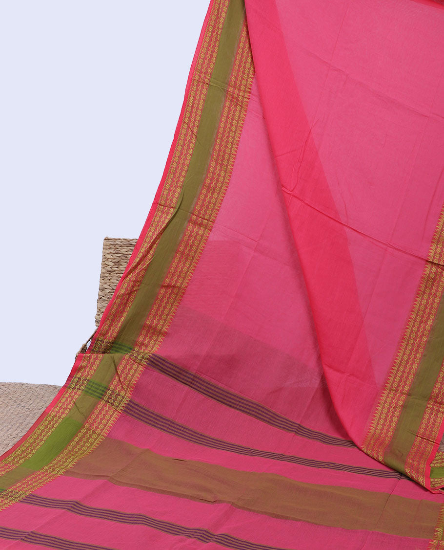 Yellow plain design khadi cotton saree, contrast traditional design border & pallu of stripes