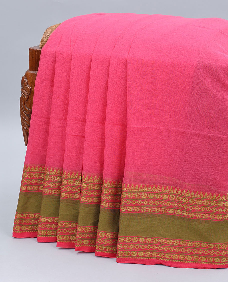 Yellow plain design khadi cotton saree, contrast traditional design border & pallu of stripes