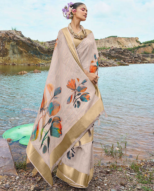 Beige striped & floral printed designer catalog saree, zari striped border & floral printed pallu