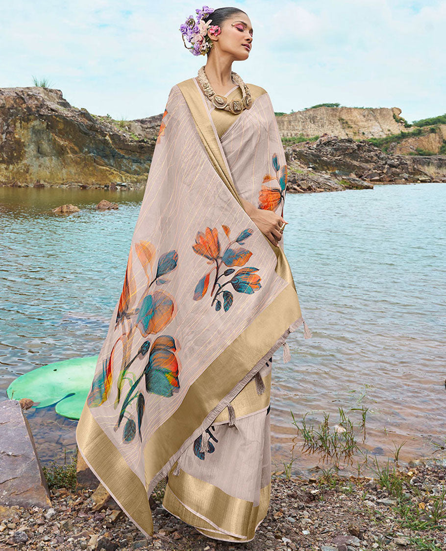 Beige striped & floral printed designer catalog saree, zari striped border & floral printed pallu