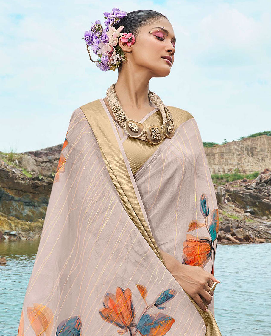 Beige striped & floral printed designer catalog saree, zari striped border & floral printed pallu