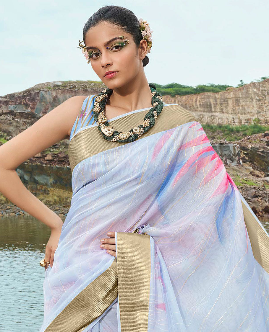 Blue striped & floral printed designer catalog saree, zari striped border & floral printed pallu