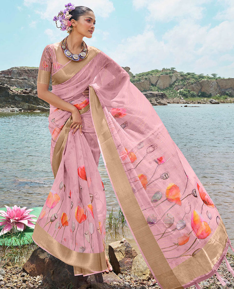 Pink striped & floral printed designer catalog saree, zari striped border & floral printed pallu