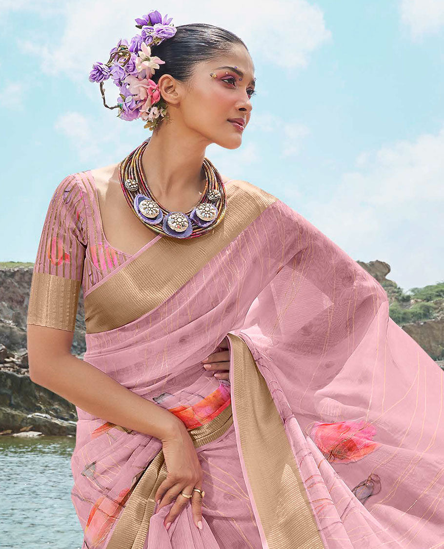 Pink striped & floral printed designer catalog saree, zari striped border & floral printed pallu