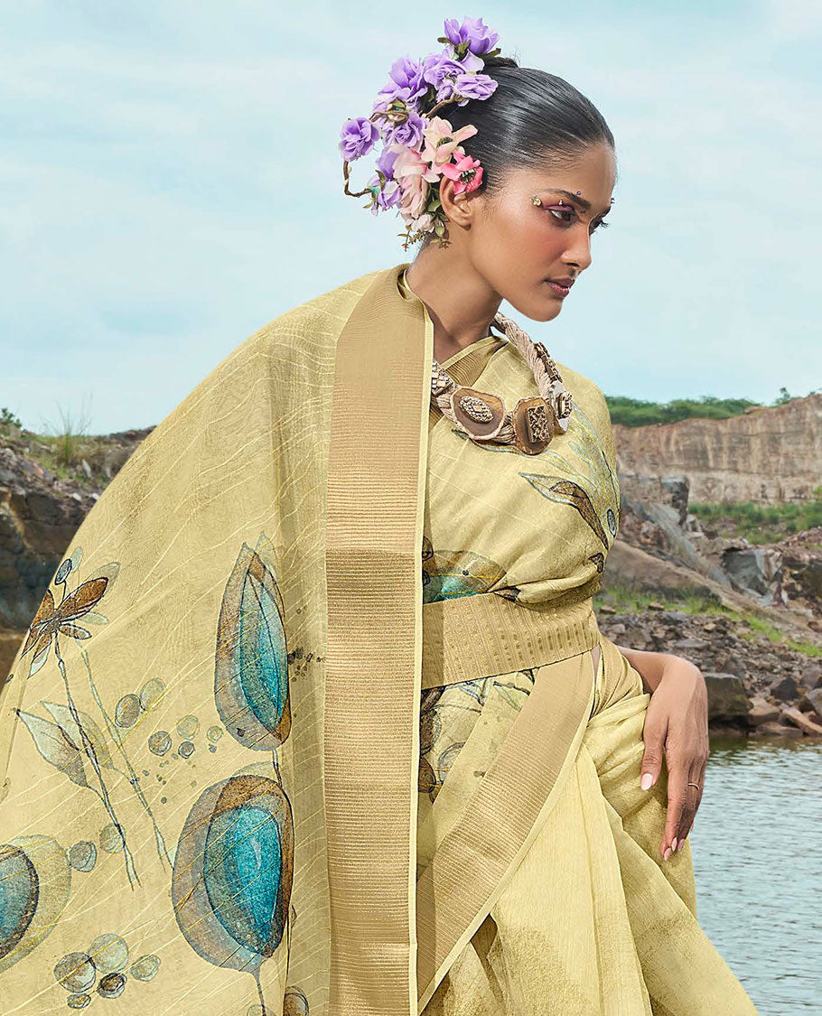 Sandal striped & unique floral printed designer catalog saree, zari striped border & unique floral printed pallu