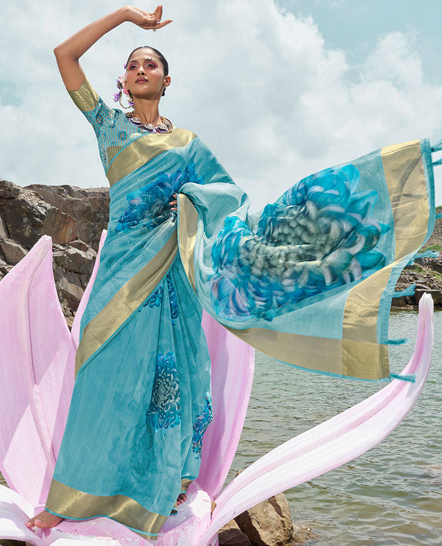 Blue striped & floral printed designer catalog saree, zari striped border & big flower printed pallu