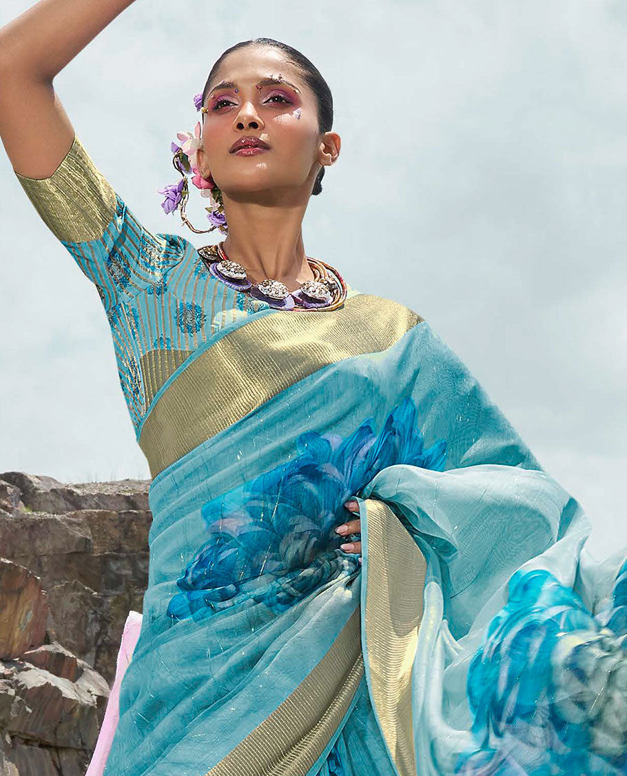 Blue striped & floral printed designer catalog saree, zari striped border & big flower printed pallu