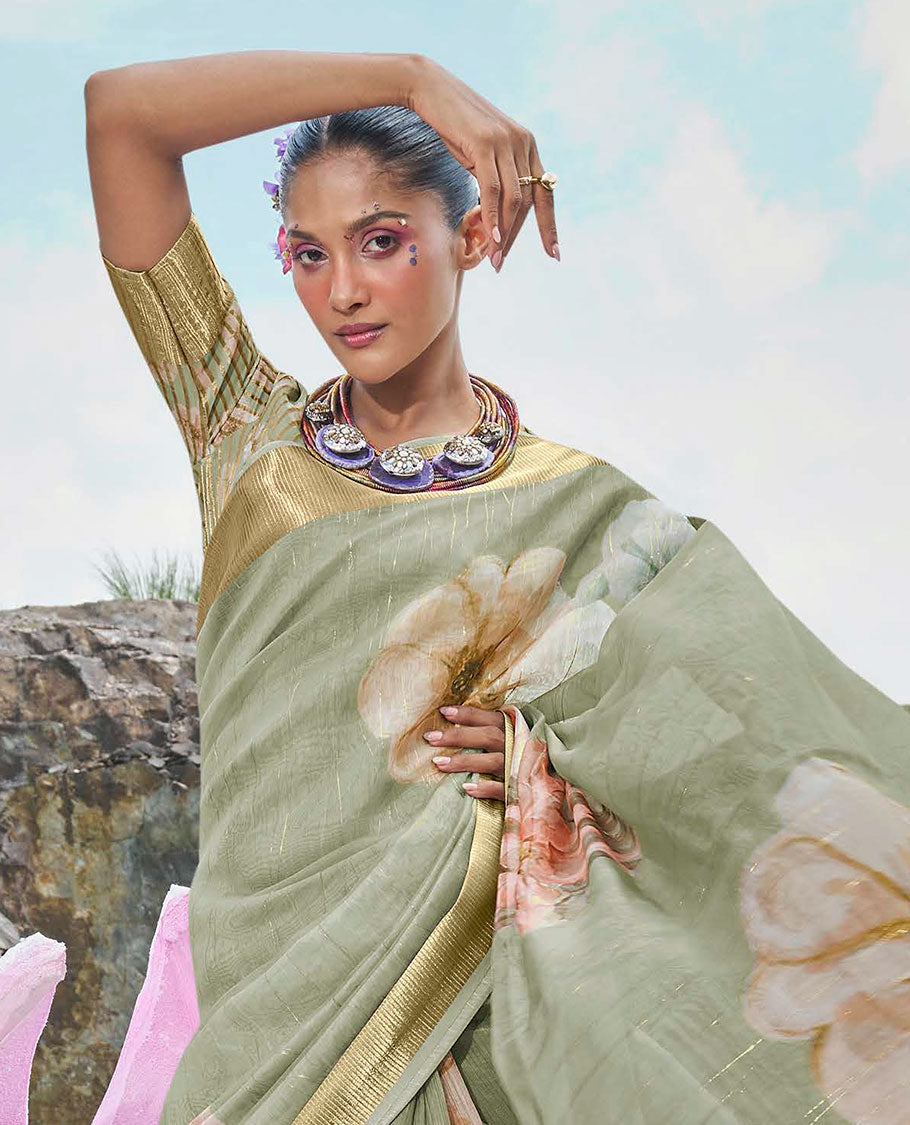 Green striped & floral printed designer catalog saree, zari striped border & big flower printed pallu