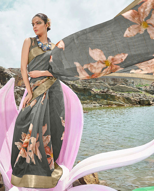 Grey striped & floral printed designer catalog saree, zari striped border & big flower printed pallu