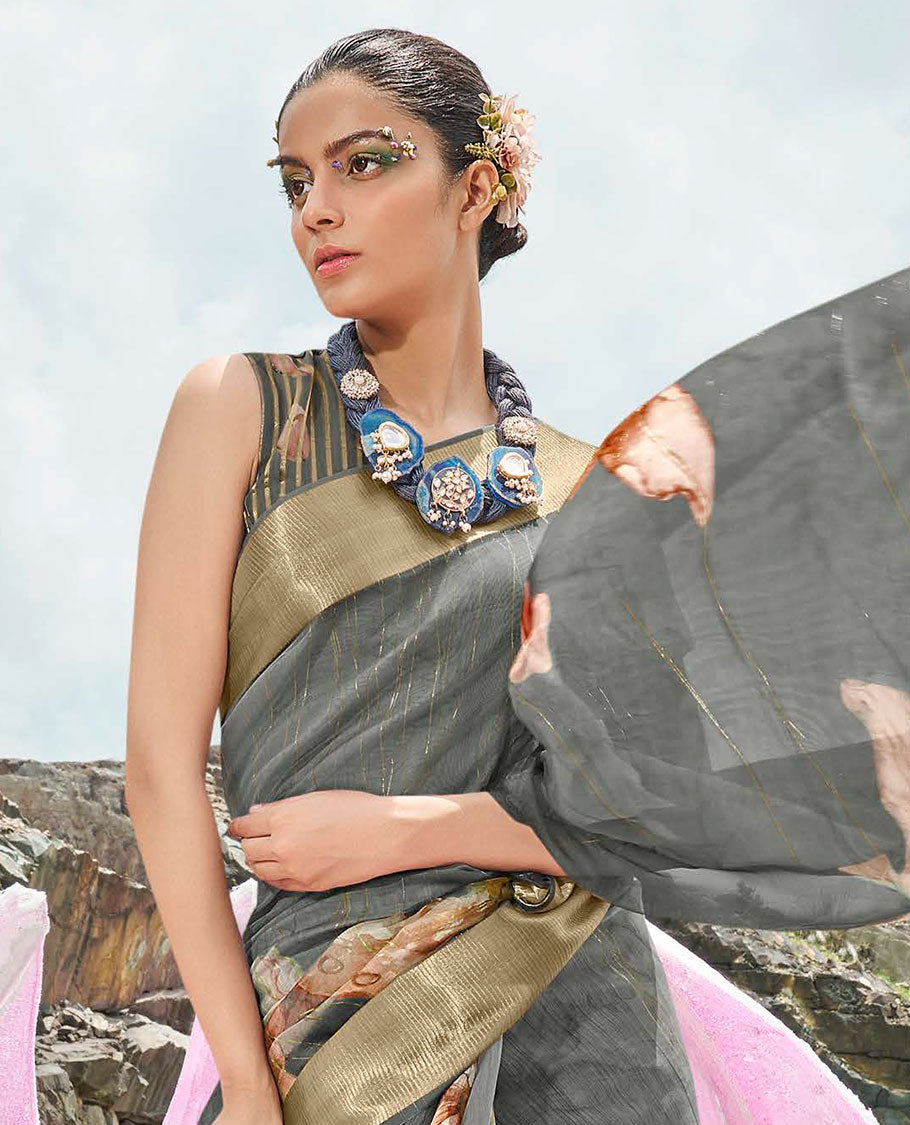 Grey striped & floral printed designer catalog saree, zari striped border & big flower printed pallu