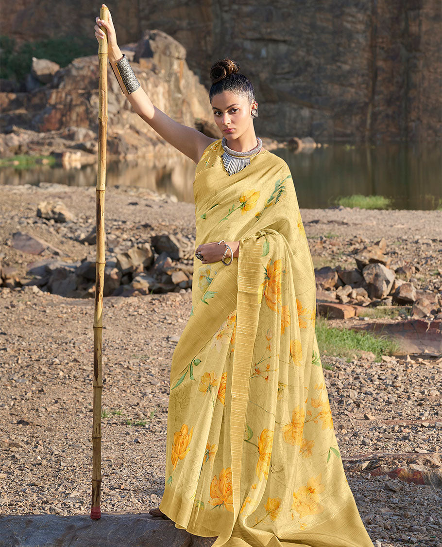 Yellow rose floral printed designer catalog organza saree, plain border & plain pallu