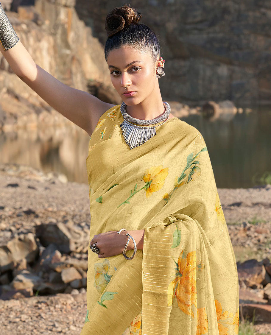 Yellow rose floral printed designer catalog organza saree, plain border & plain pallu
