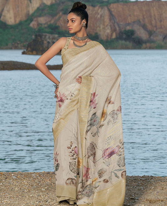 Grey floral printed & golden striped designer catalog organza saree, striped border & floral printed pallu