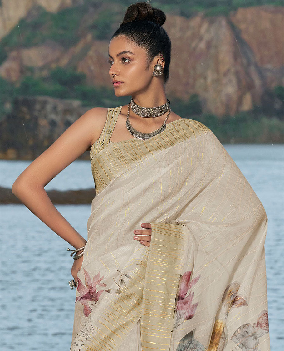 Grey floral printed & golden striped designer catalog organza saree, striped border & floral printed pallu