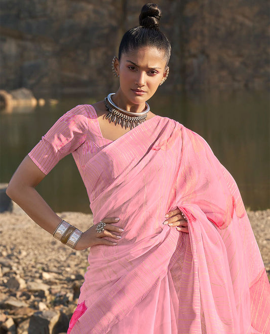 Pink floral printed & golden striped designer catalog organza saree, striped border & floral printed pallu