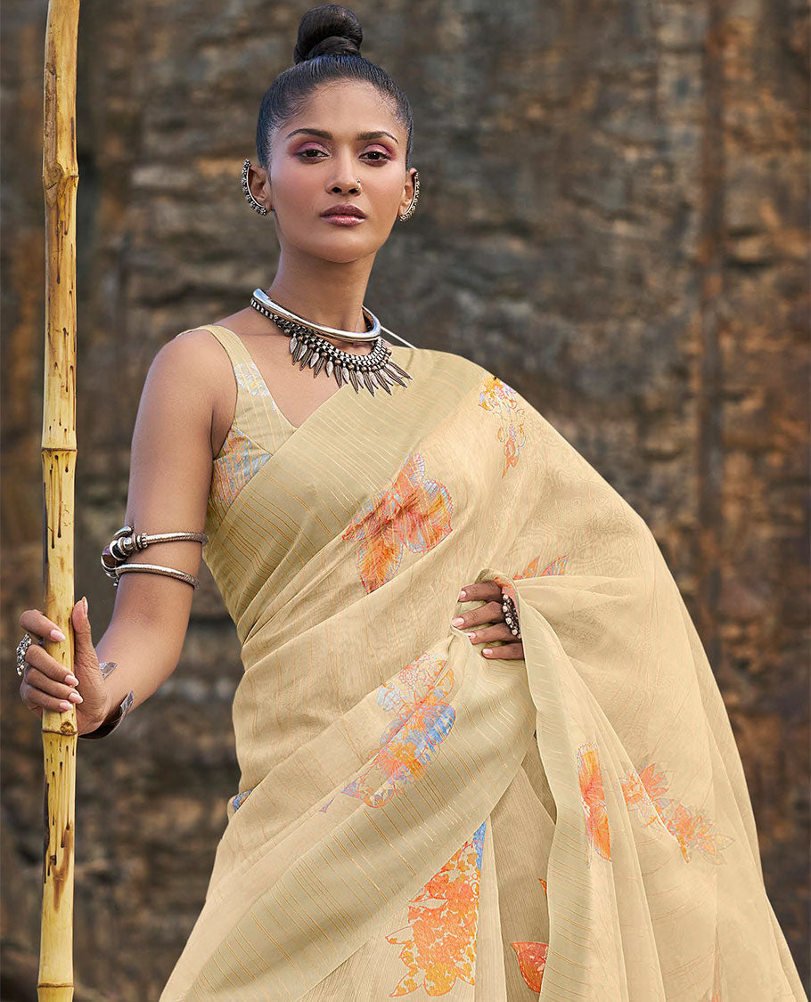Beige floral motifs printed & golden striped designer catalog organza saree, self-border & floral motifs printed pallu
