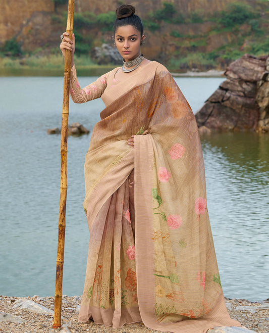 Brown rose flower motifs print & golden striped designer catalog organza saree,striped border & floral printed pallu