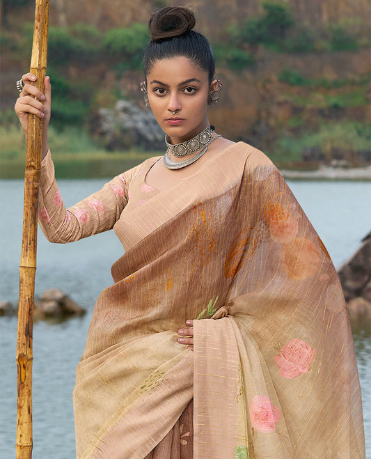 Brown rose flower motifs print & golden striped designer catalog organza saree,striped border & floral printed pallu