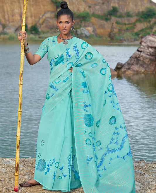 Turquoise floral & geometric printed & striped designer catalog organza saree, striped border & floral printed pallu